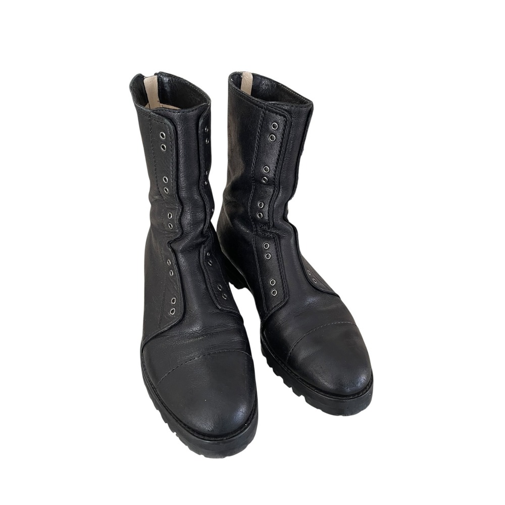 Jimmy Choo Hatcher Black Leather Combat Boots No Lace Style Zip Mid Calf Size 39